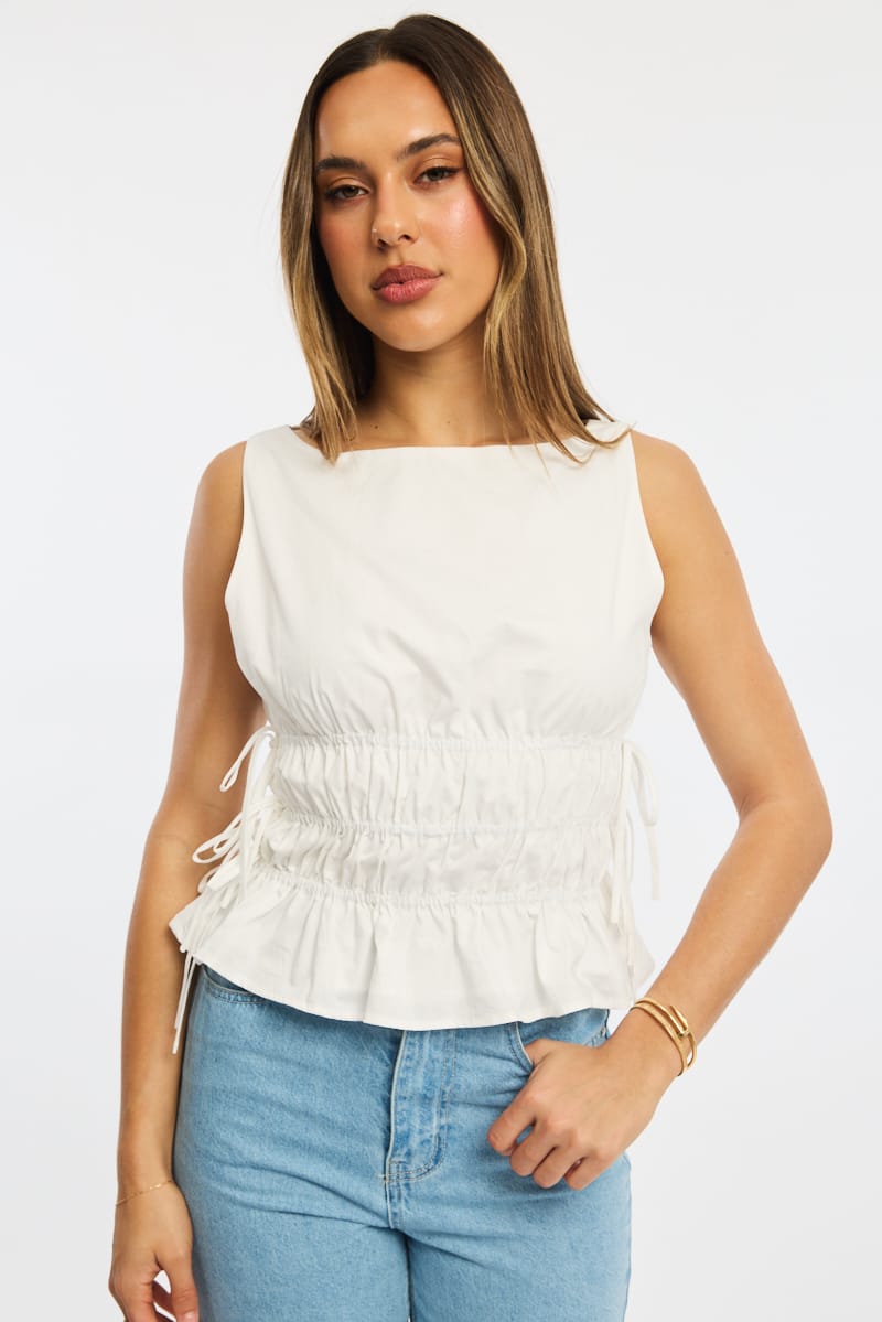 White Ruched Top Sleeveless Boat Neck Bow Details for Ally Fashion