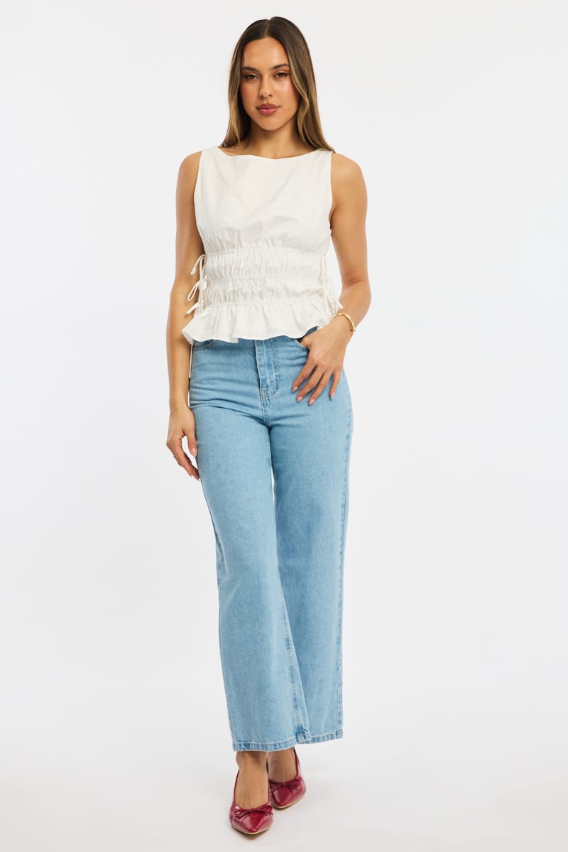 White Ruched Top Sleeveless Boat Neck Bow Details for Ally Fashion