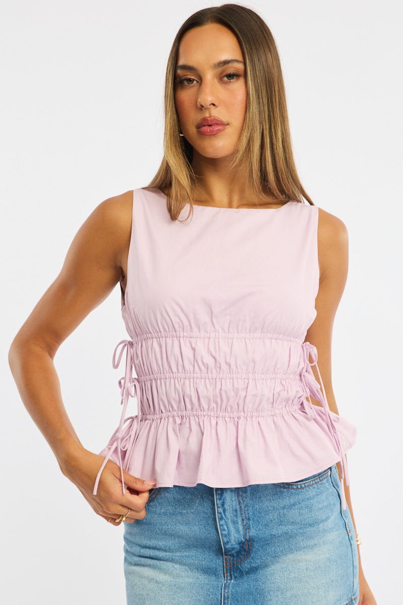 Pink Ruched Top Sleeveless Boat Neck Bow Details for Ally Fashion
