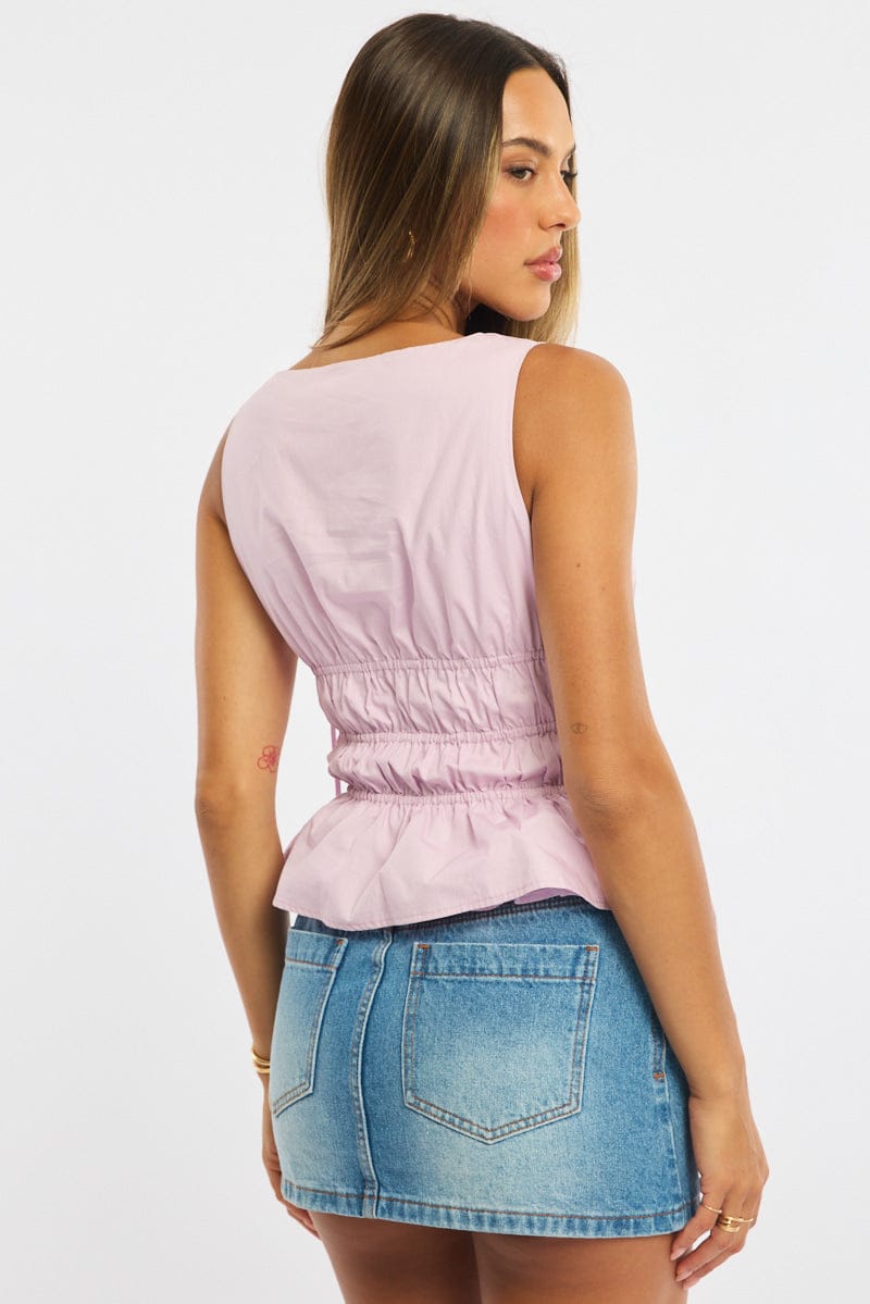 Pink Ruched Top Sleeveless Boat Neck Bow Details for Ally Fashion