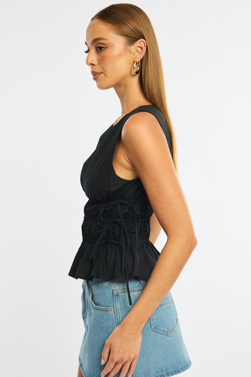 Black Top - Sleeveless - Regular Fit - Boat Neck - No St for Ally Fashion