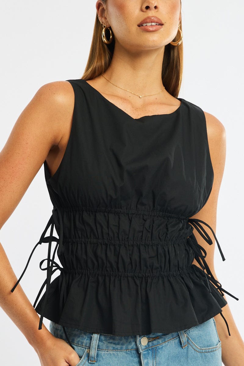 Black Top - Sleeveless - Regular Fit - Boat Neck - No St for Ally Fashion