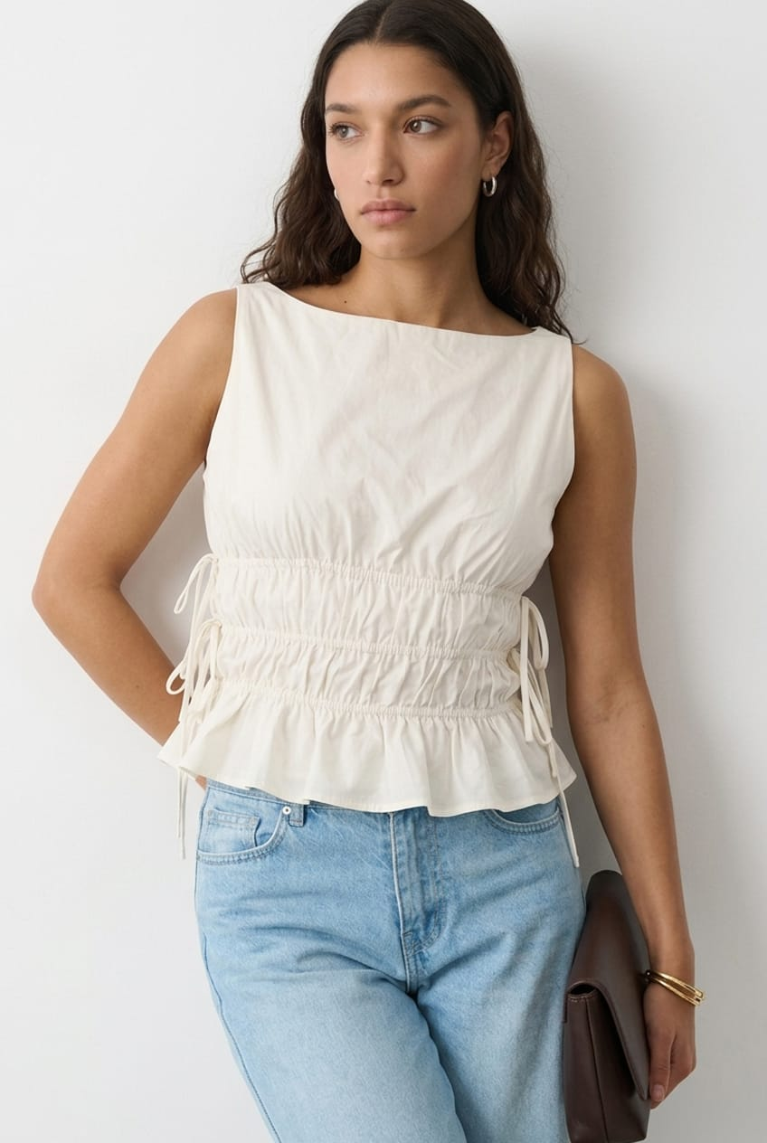 White Ruched Top Sleeveless Boat-Neck Bow Details from Ally Fashion