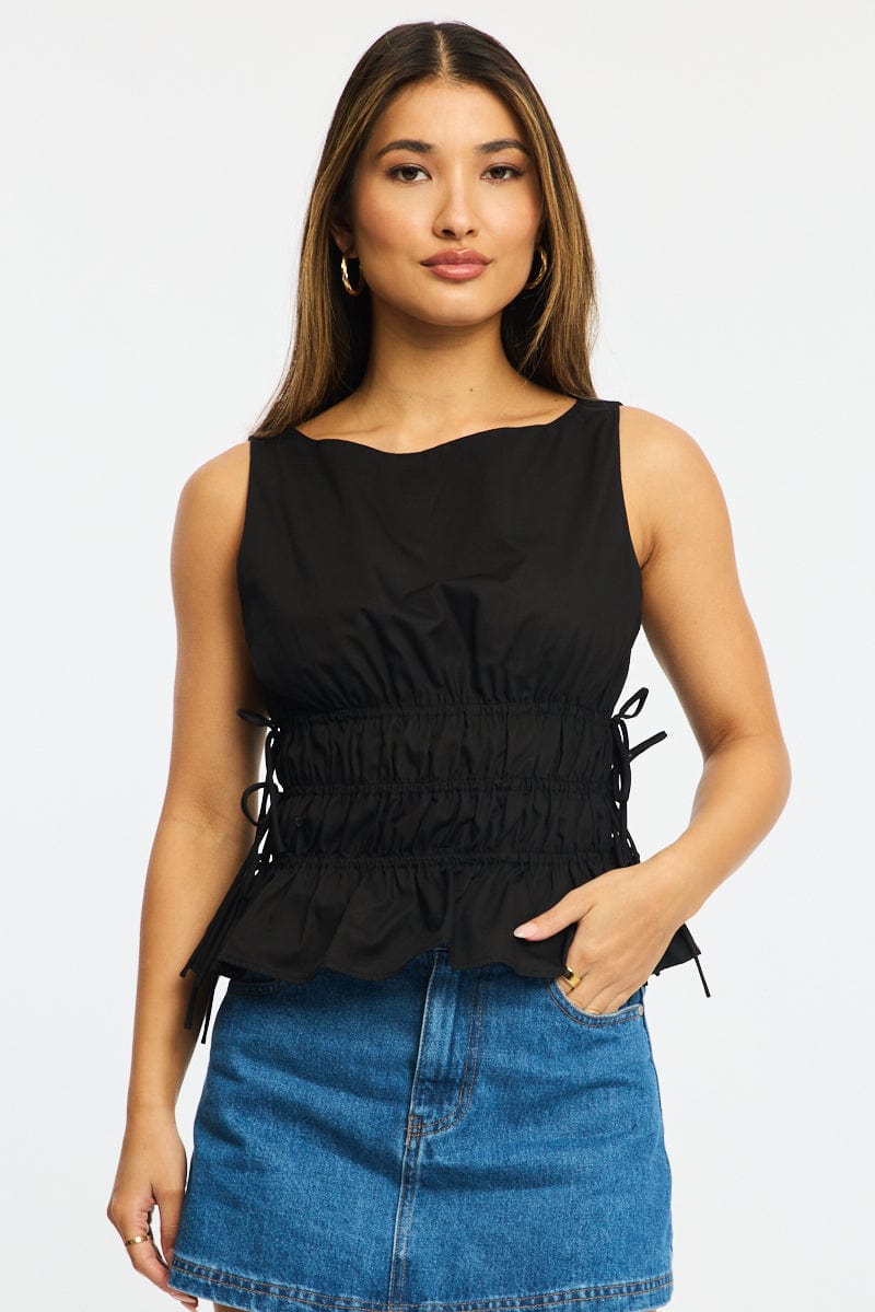 Black Ruched Top Sleeveless Boat Neck Bow Details for Ally Fashion