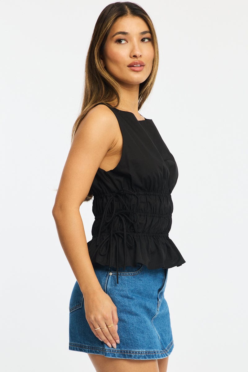 Black Ruched Top Sleeveless Boat Neck Bow Details for Ally Fashion