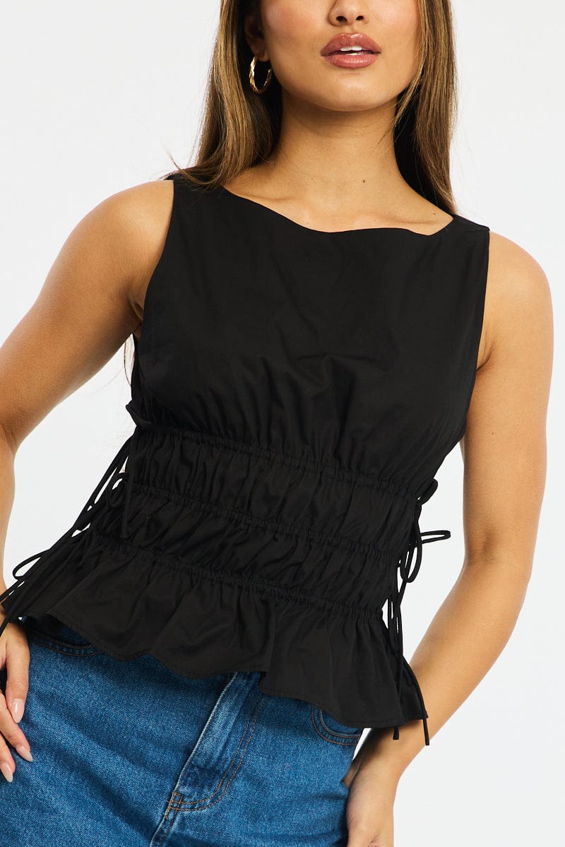 Black Ruched Top Sleeveless Boat Neck Bow Details for Ally Fashion