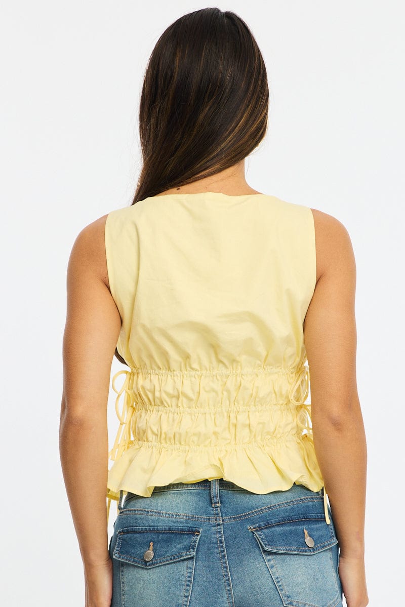 Yellow Ruched Top Sleeveless Boat Neck Bow Details for Ally Fashion