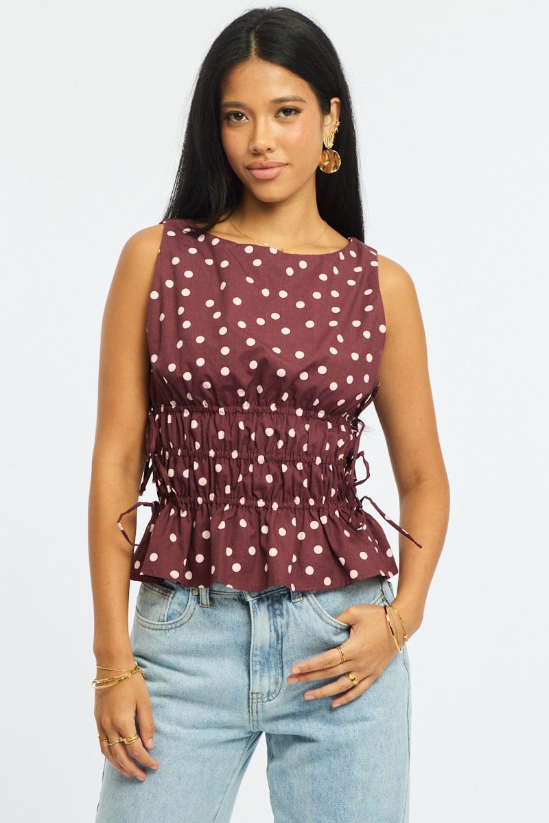 Red Polka Dot Ruched Top Sleeveless Boat Neck Bow Details for Ally Fashion