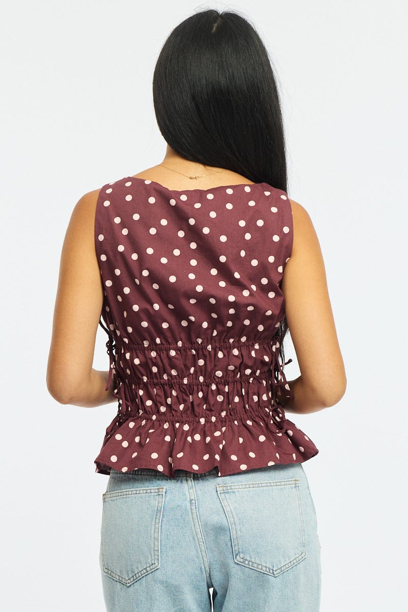 Red Polka Dot Ruched Top Sleeveless Boat Neck Bow Details for Ally Fashion