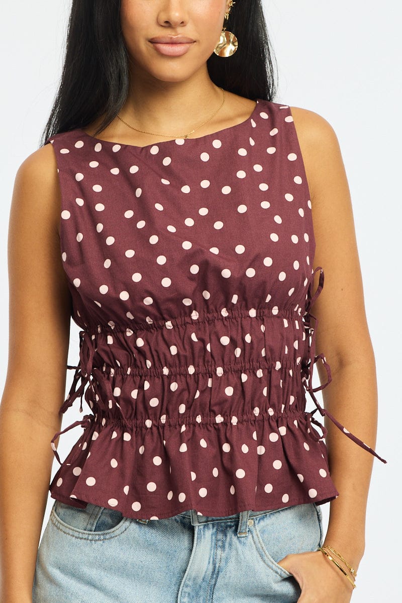 Red Polka Dot Ruched Top Sleeveless Boat Neck Bow Details for Ally Fashion