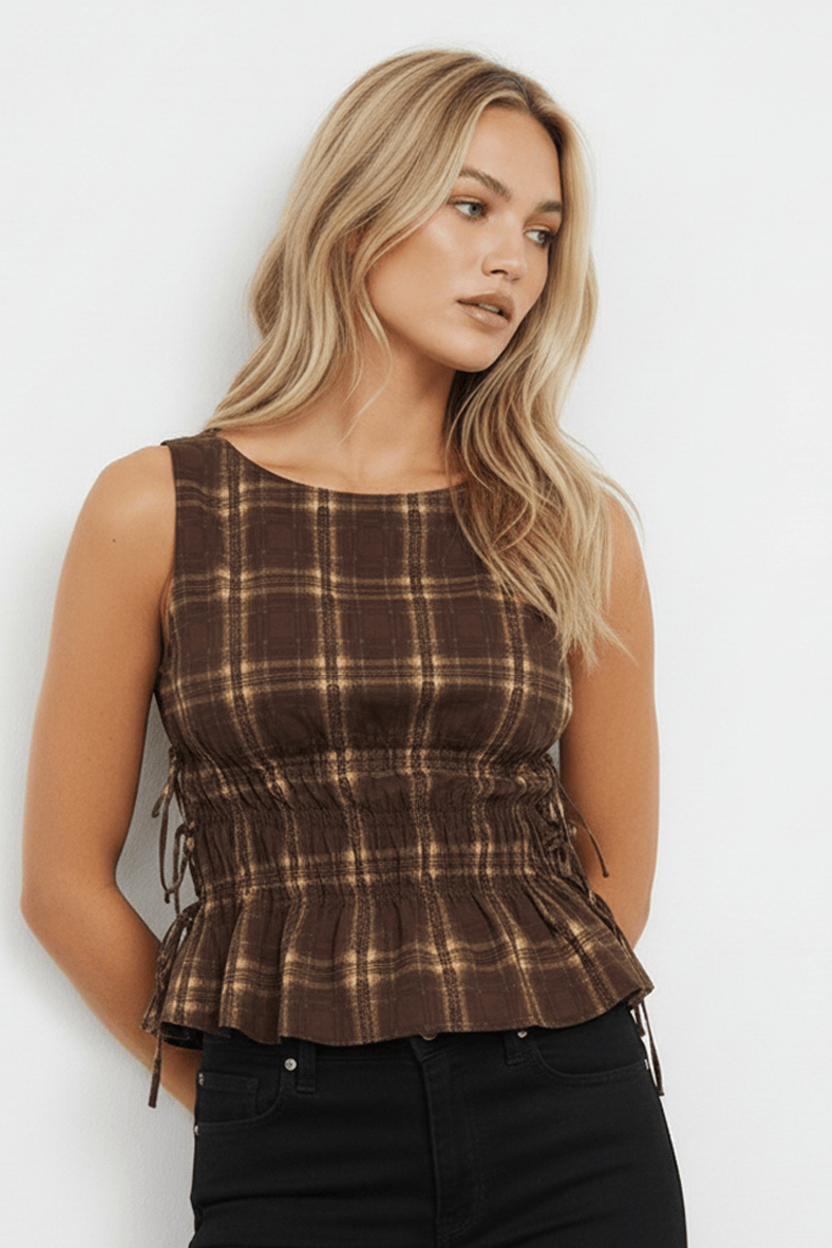 Brown Check Ruched Top Sleeveless Boat Neck Bow Details for Ally Fashion