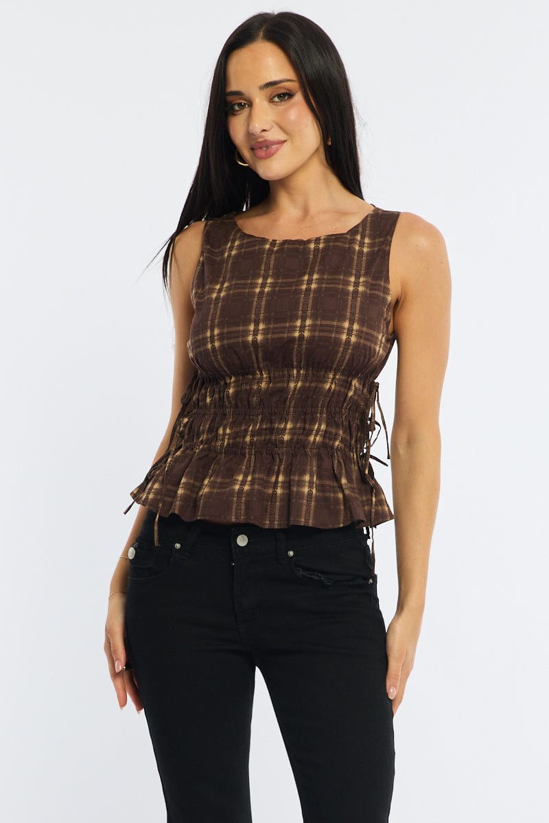 Brown Check Ruched Top Sleeveless Boat Neck Bow Details for Ally Fashion