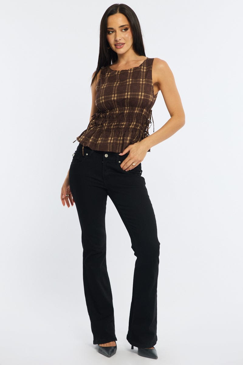 Brown Check Ruched Top Sleeveless Boat Neck Bow Details for Ally Fashion