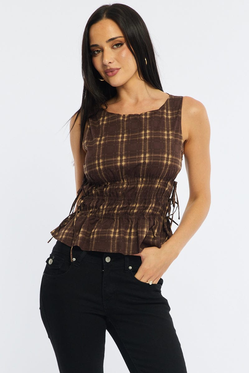 Brown Check Ruched Top Sleeveless Boat Neck Bow Details for Ally Fashion