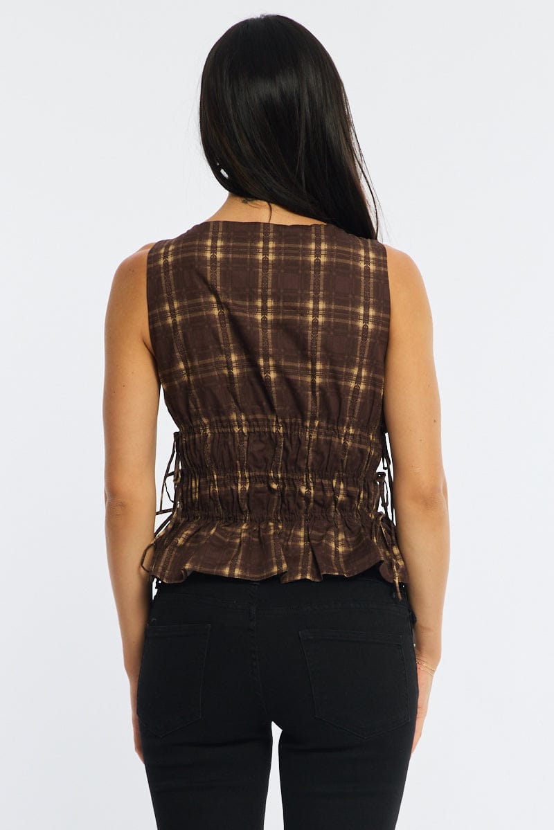 Brown Check Ruched Top Sleeveless Boat Neck Bow Details for Ally Fashion
