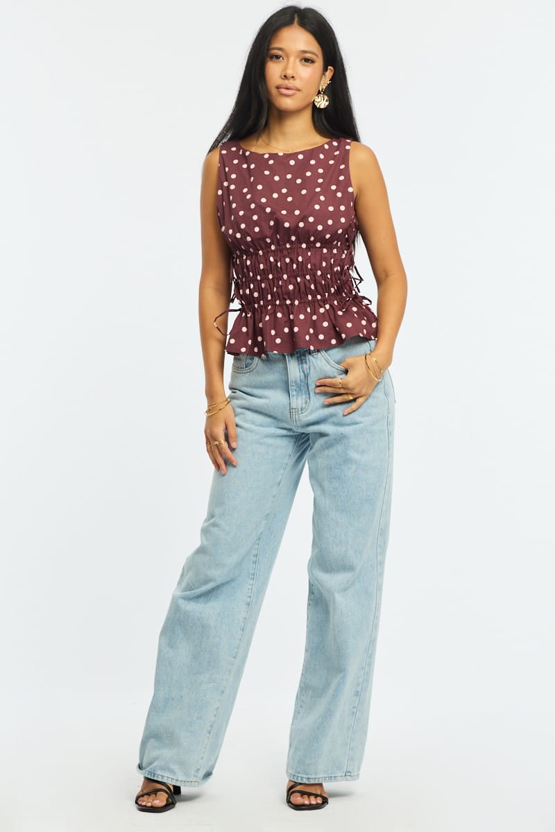 Red Polka Dot Ruched Top Sleeveless Boat Neck Bow Details for Ally Fashion