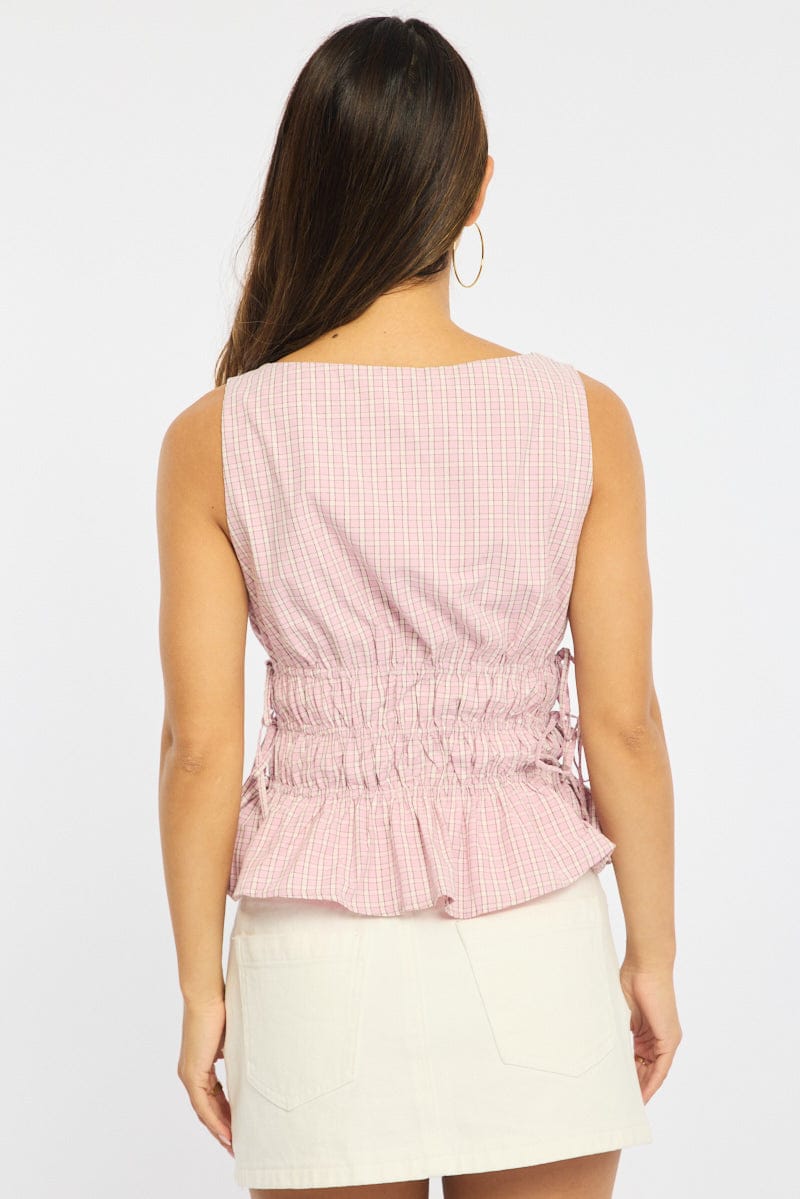 Pink Check Top - Sleeveless - Regular Fit - Boat Neck - No St for Ally Fashion