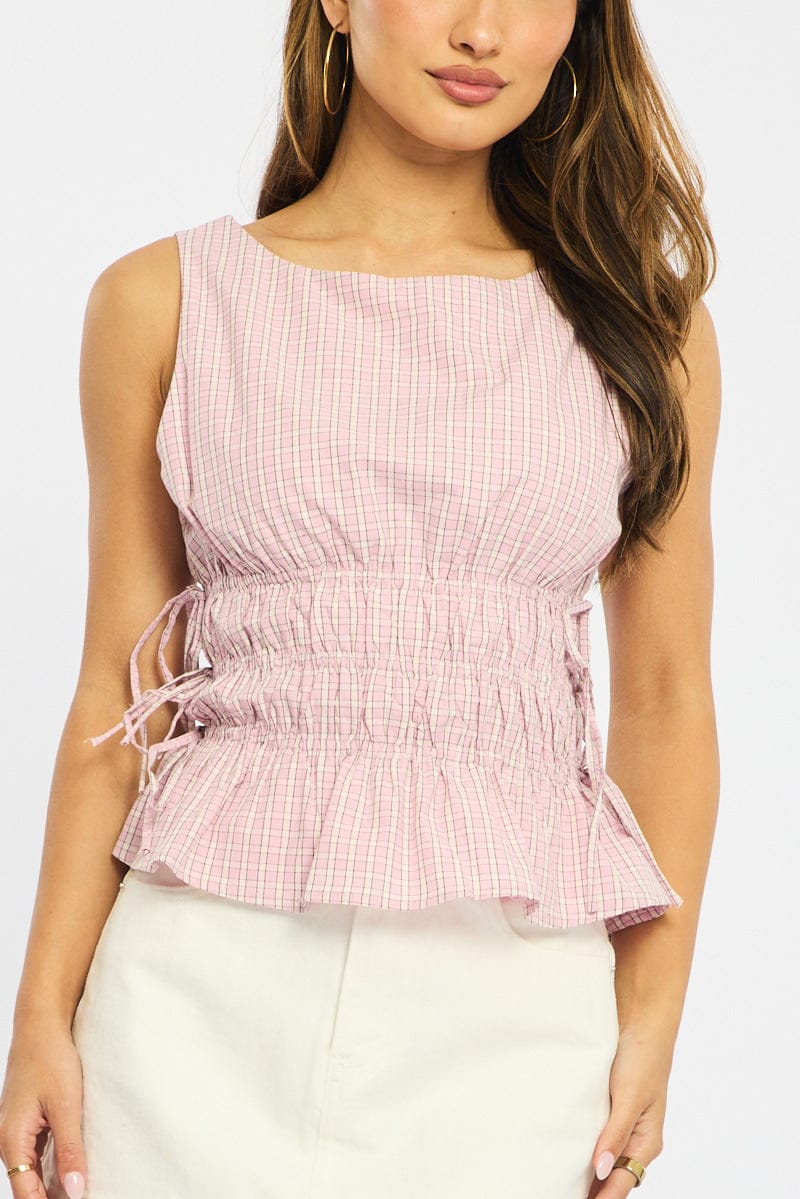 Pink Check Top - Sleeveless - Regular Fit - Boat Neck - No St for Ally Fashion
