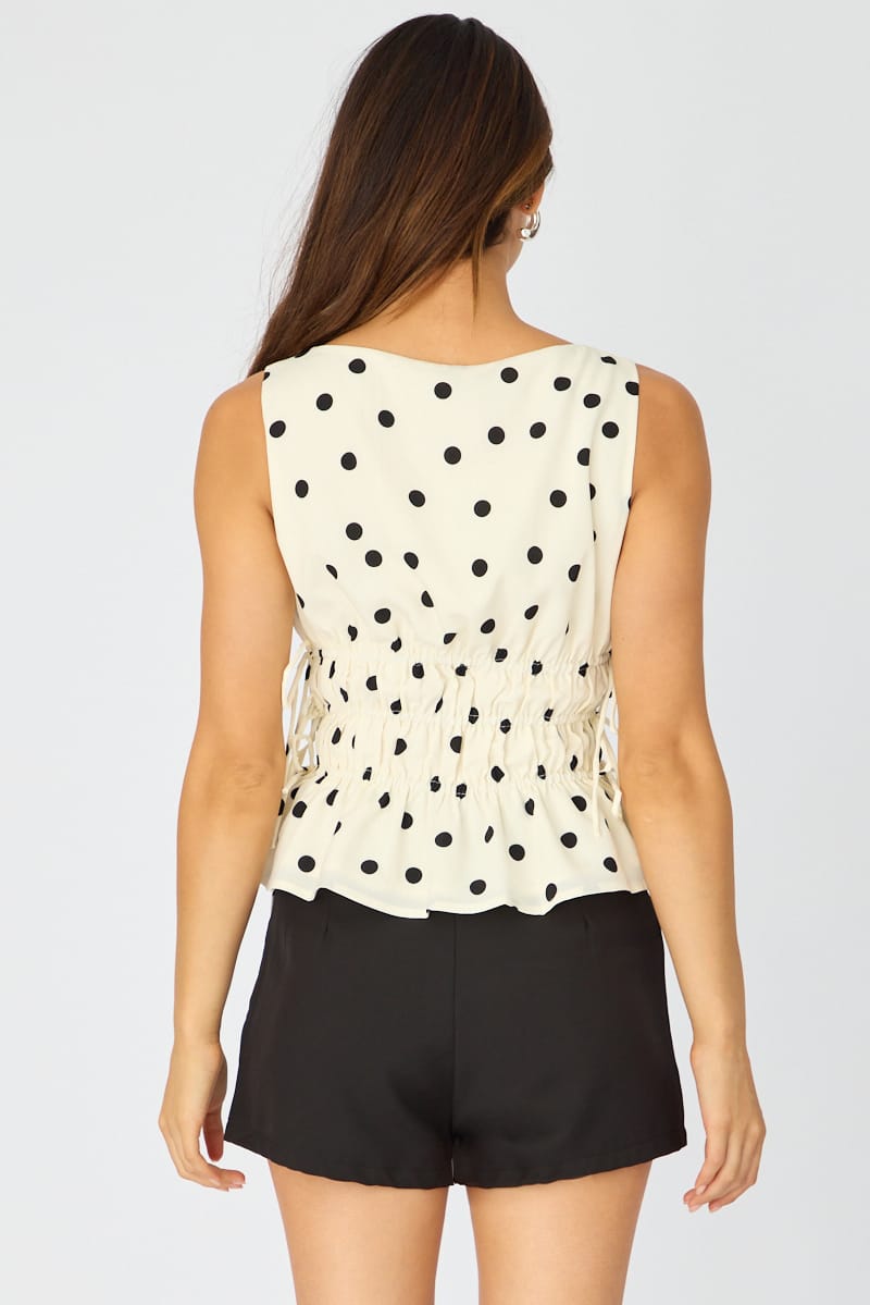 White Polka Dot Ruched Top Sleeveless Boat Neck Bow Details for Ally Fashion