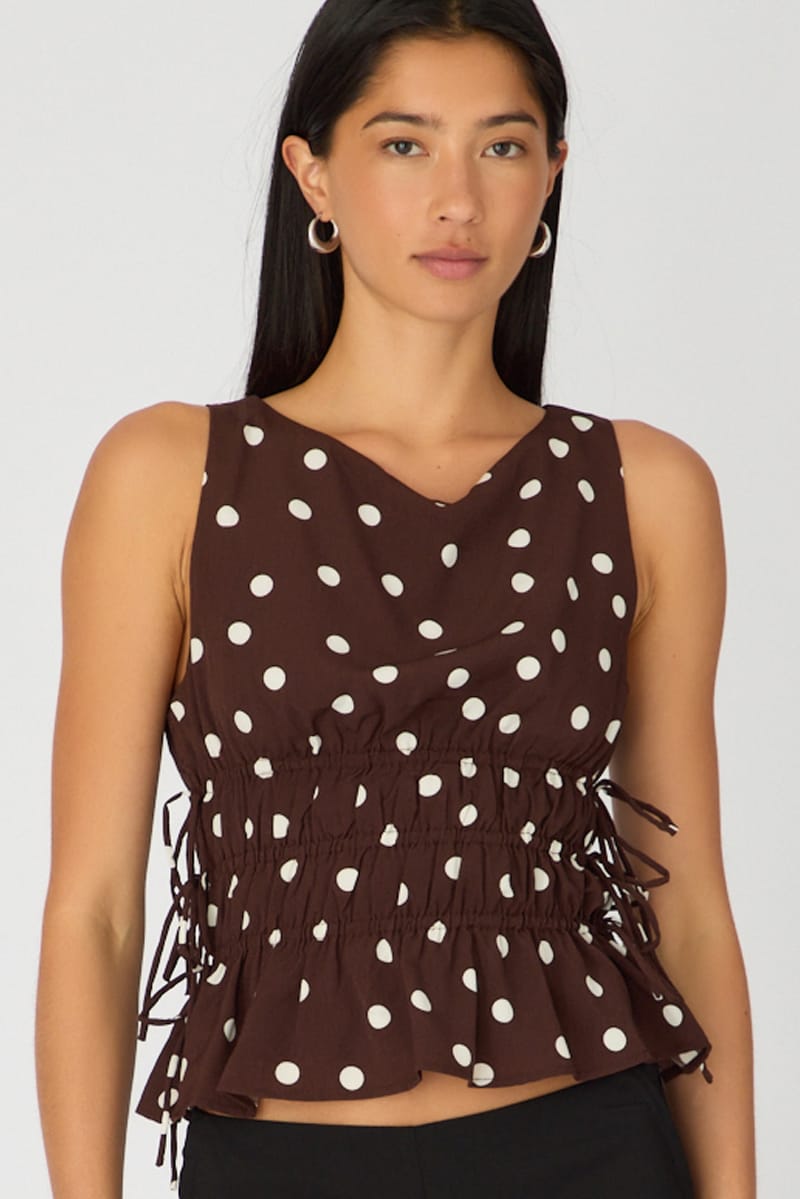 Brown Polka-Dot Ruched Top Sleeveless Boat-Neck Bow Details from Ally Fashion