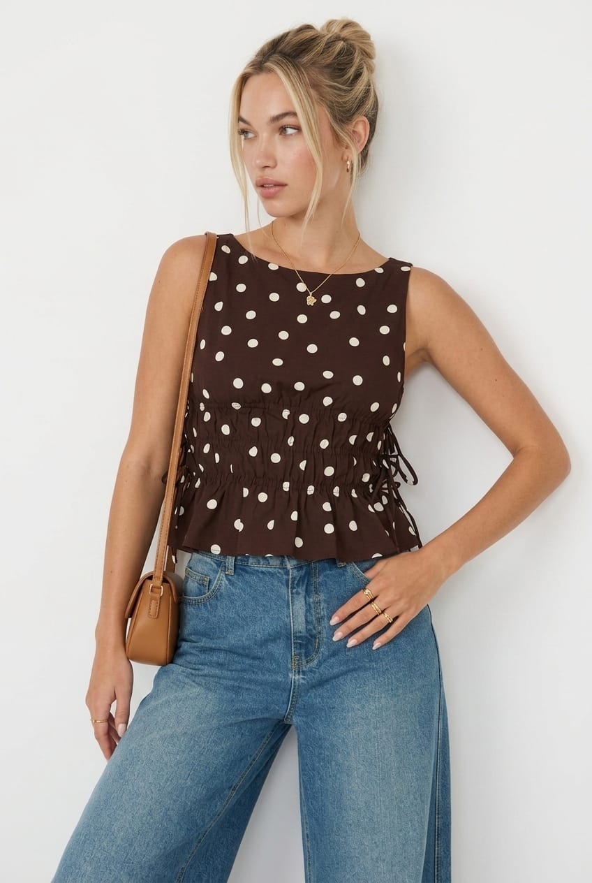 Brown Polka Dot Ruched Top Sleeveless Boat Neck Bow Details for Ally Fashion