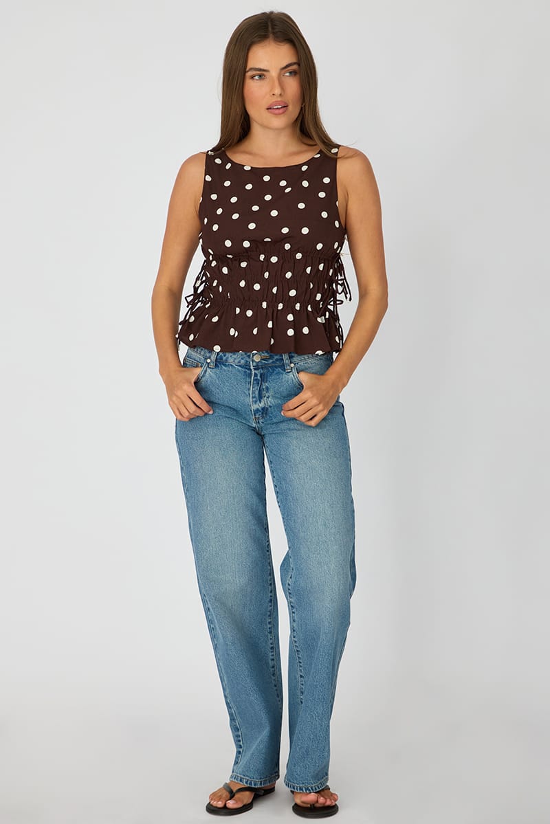 Brown Polka Dot Ruched Top Sleeveless Boat Neck Bow Details for Ally Fashion
