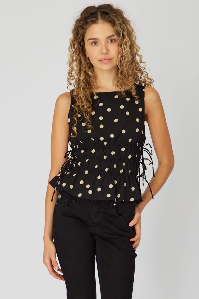 Black Polka Dot Ruched Top Sleeveless Boat Neck Bow Details for Ally Fashion