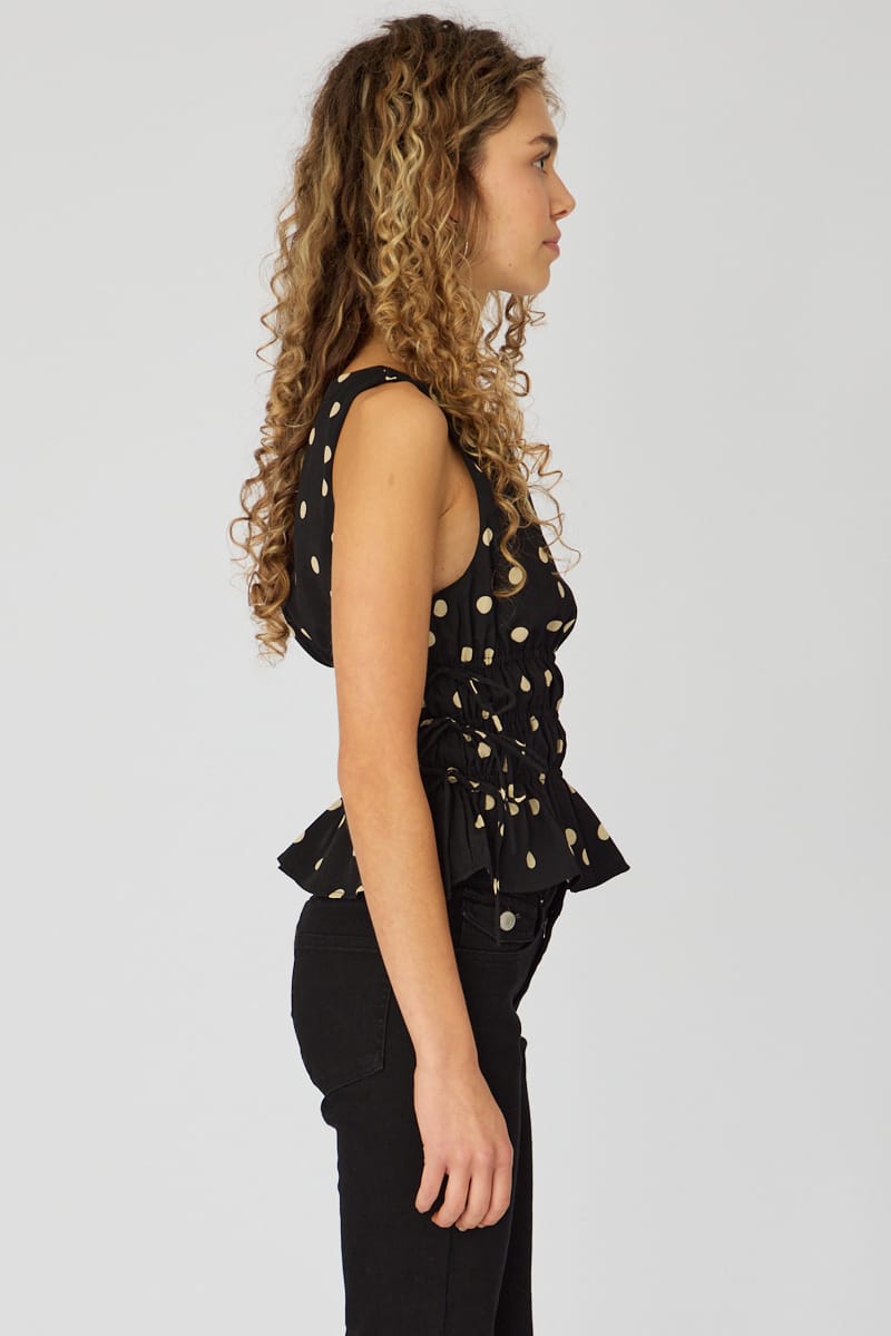 Black Polka Dot Ruched Top Sleeveless Boat Neck Bow Details for Ally Fashion
