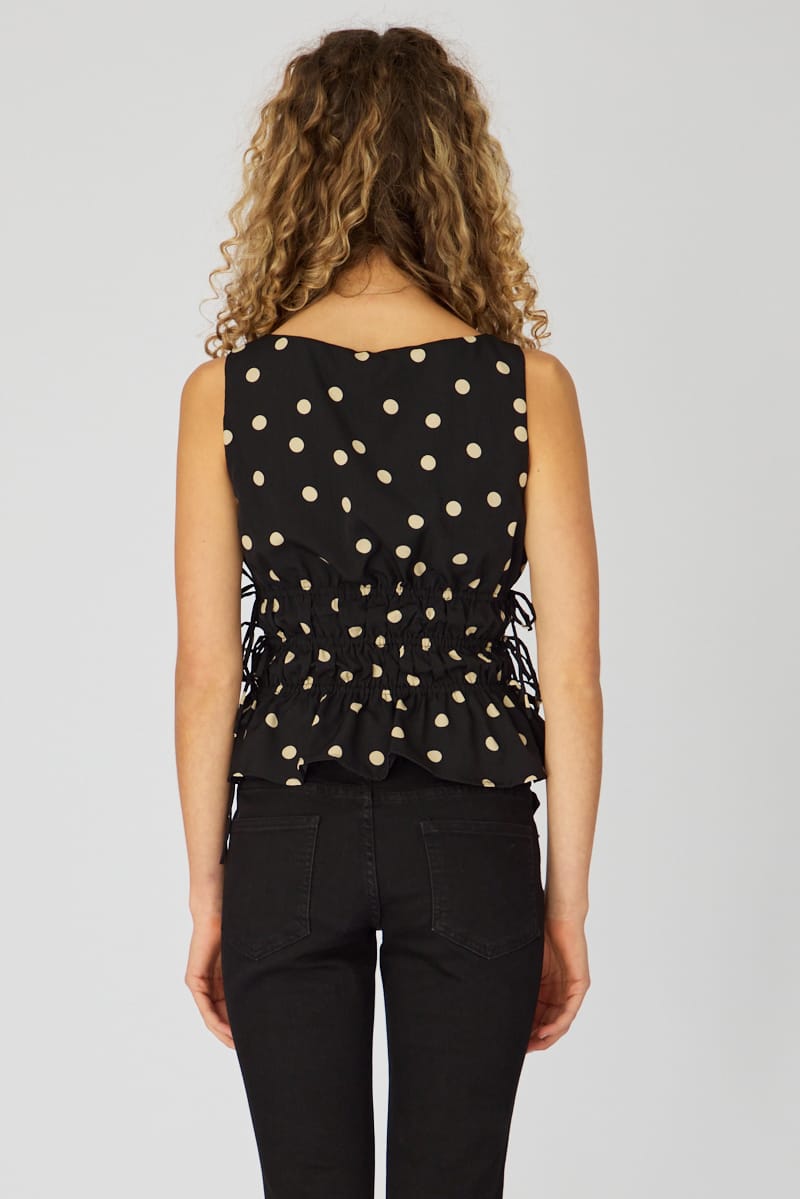Black Polka Dot Ruched Top Sleeveless Boat Neck Bow Details for Ally Fashion