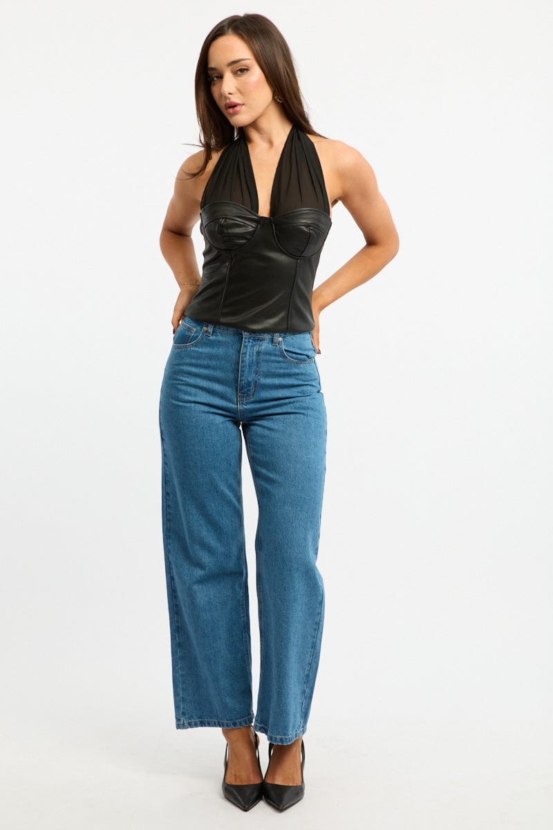 Black Scarf Top Sleeveless Halter Neck Pu Corset for Ally Fashion