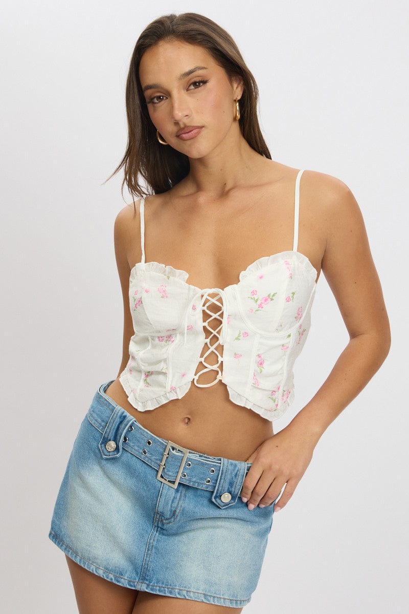 White Ditsy Cami Corset Top Sleeveless Lace Up for Ally Fashion