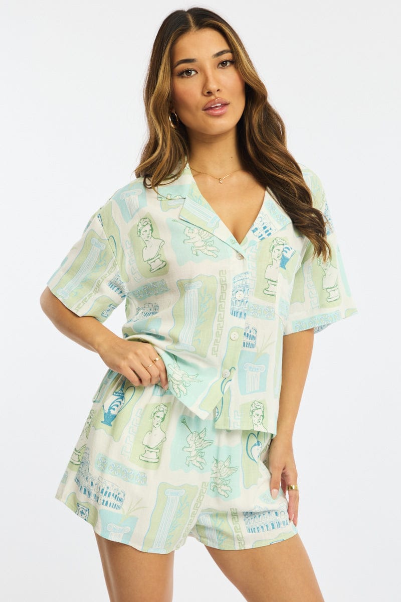 Green Abstract Cropped Shirt Short Sleeve Collared for Ally Fashion