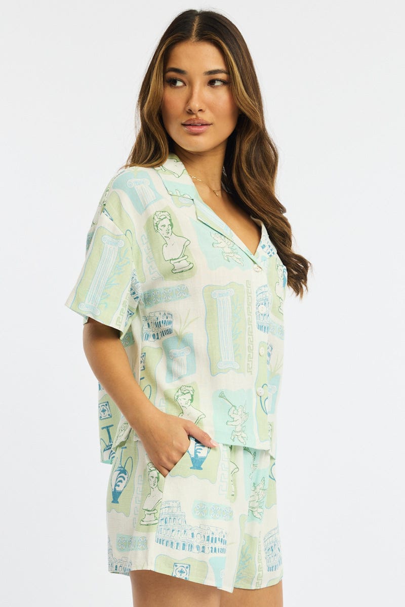 Green Abstract Cropped Shirt Short Sleeve Collared for Ally Fashion
