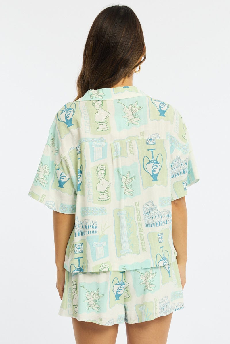 Green Abstract Cropped Shirt Short Sleeve Collared for Ally Fashion