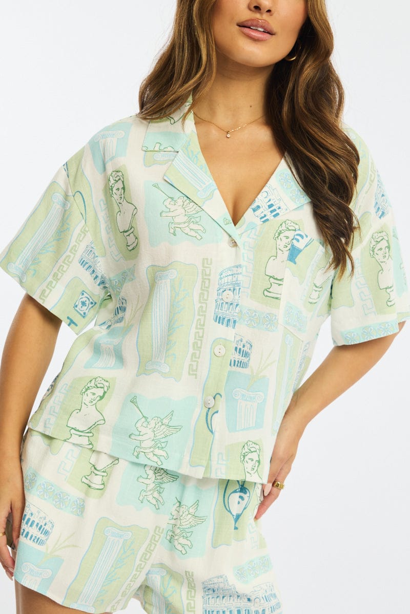 Green Abstract Cropped Shirt Short Sleeve Collared for Ally Fashion