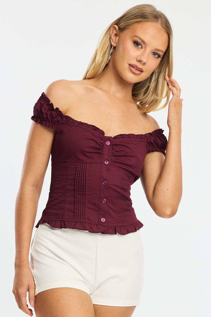 Red Top Short Sleeve Gathered Bust Pleated Detail for Ally Fashion