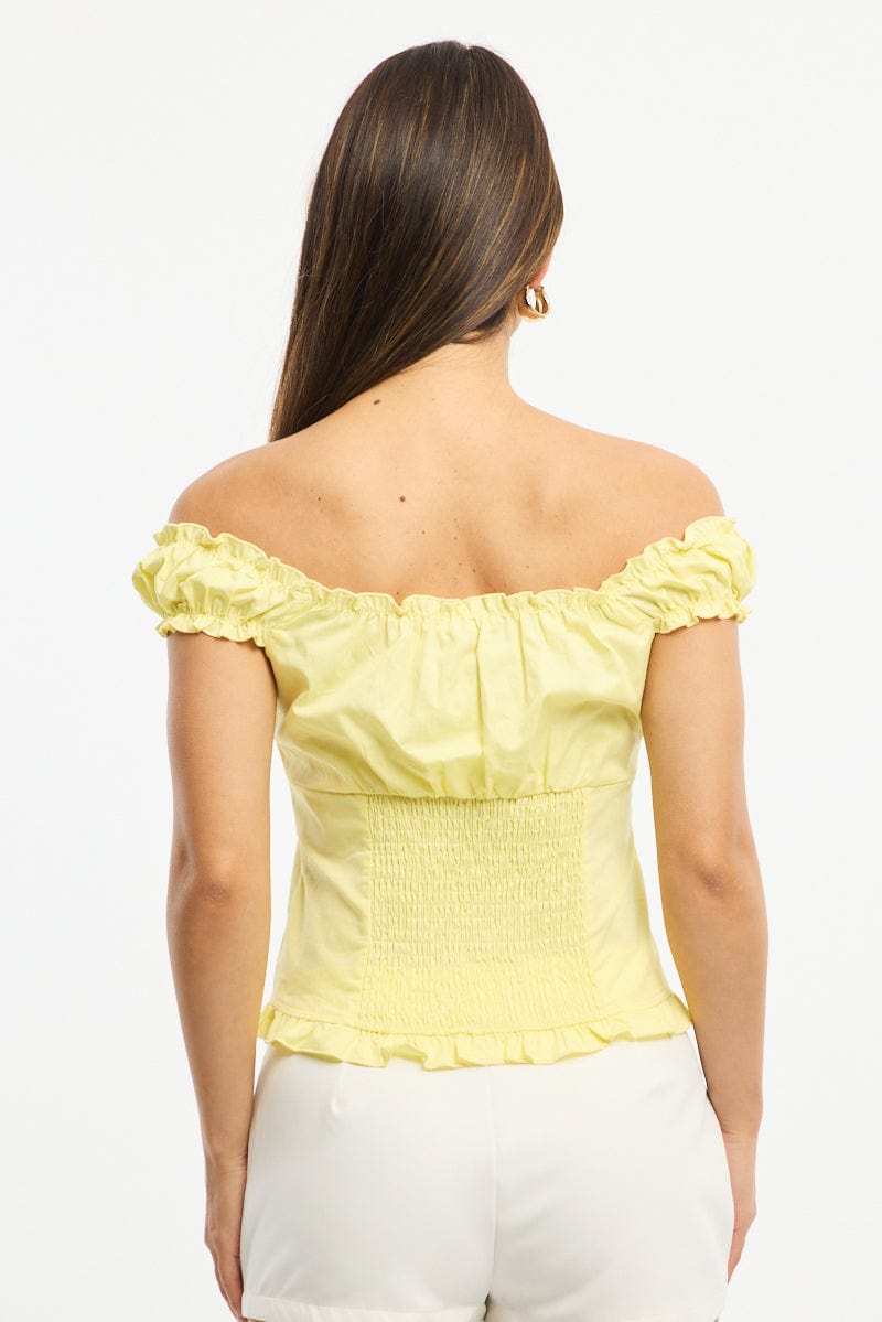 Yellow Top Short Sleeve Gathered Bust Pleated Detail for Ally Fashion