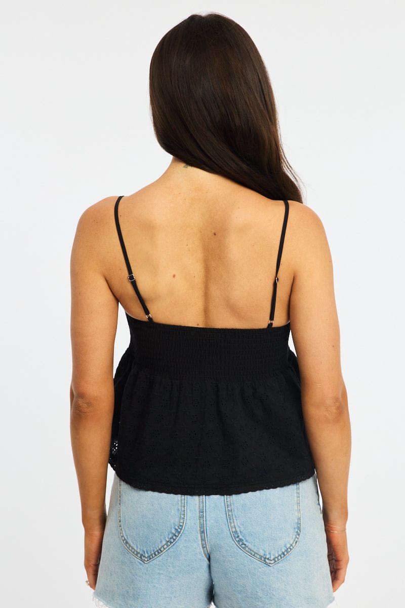 Black Cami Sleeveless Square Neck Shirred Bust Eyelet for Ally Fashion