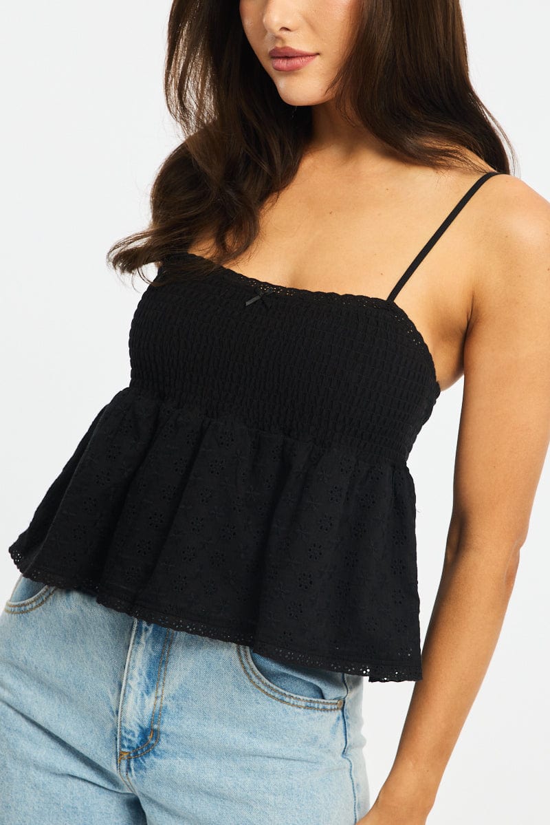 Black Cami Sleeveless Square Neck Shirred Bust Eyelet for Ally Fashion