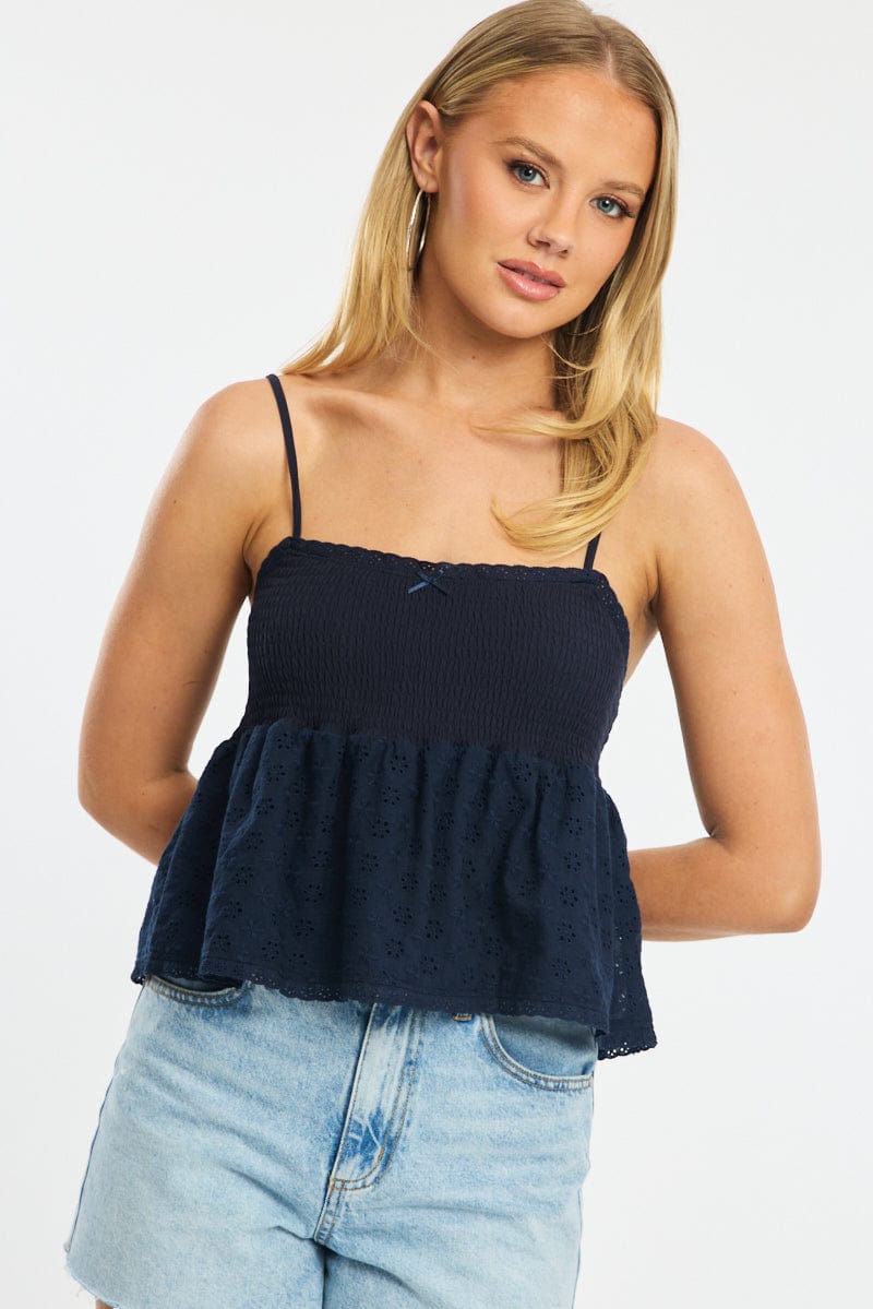 Blue Cami Sleeveless Square Neck Shirred Bust Eyelet for Ally Fashion