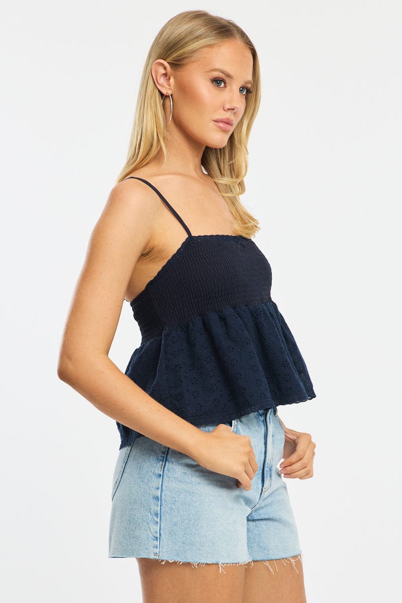 Blue Cami Sleeveless Square Neck Shirred Bust Eyelet for Ally Fashion