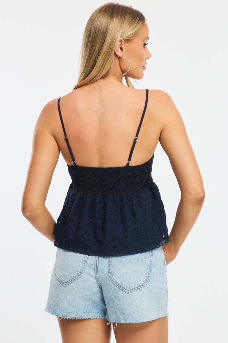 Blue Cami Sleeveless Square Neck Shirred Bust Eyelet for Ally Fashion