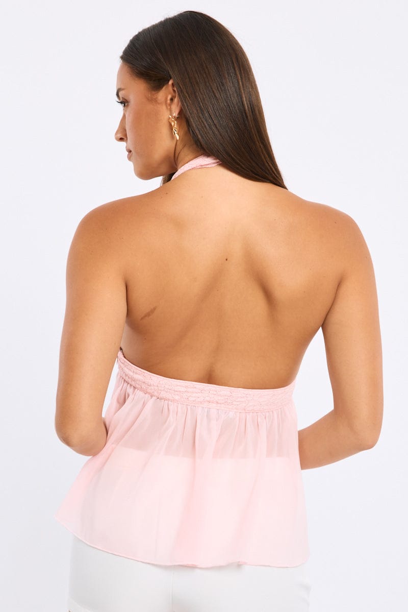 Pink Halter Lace Top Sleeveless Swing Hem Poly Chiffon for Ally Fashion