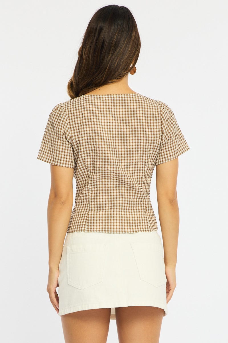 Brown Check Button Up Top Short Sleeves V-neck for Ally Fashion
