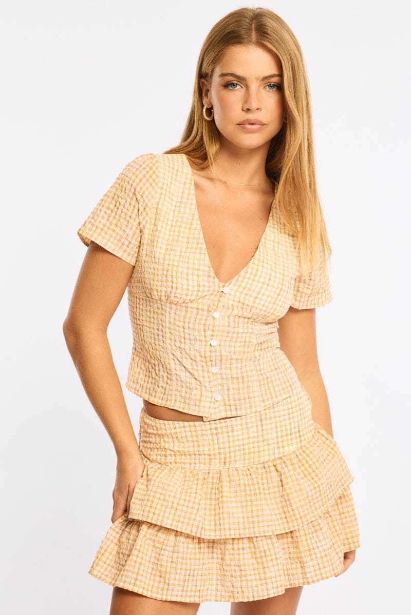 Yellow Check Button Up Top Short Sleeves V-neck for Ally Fashion