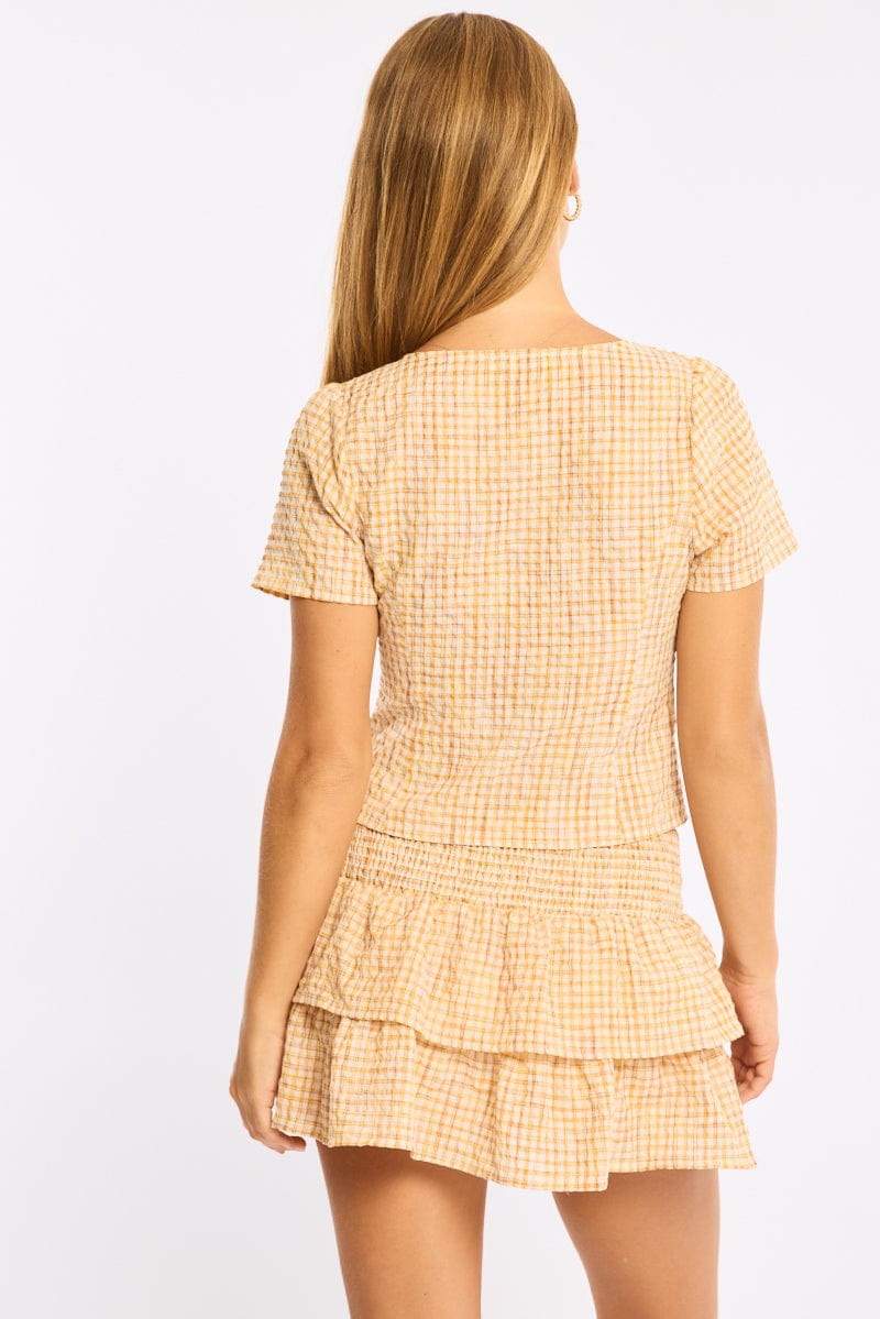 Yellow Check Button Up Top Short Sleeves V-neck for Ally Fashion