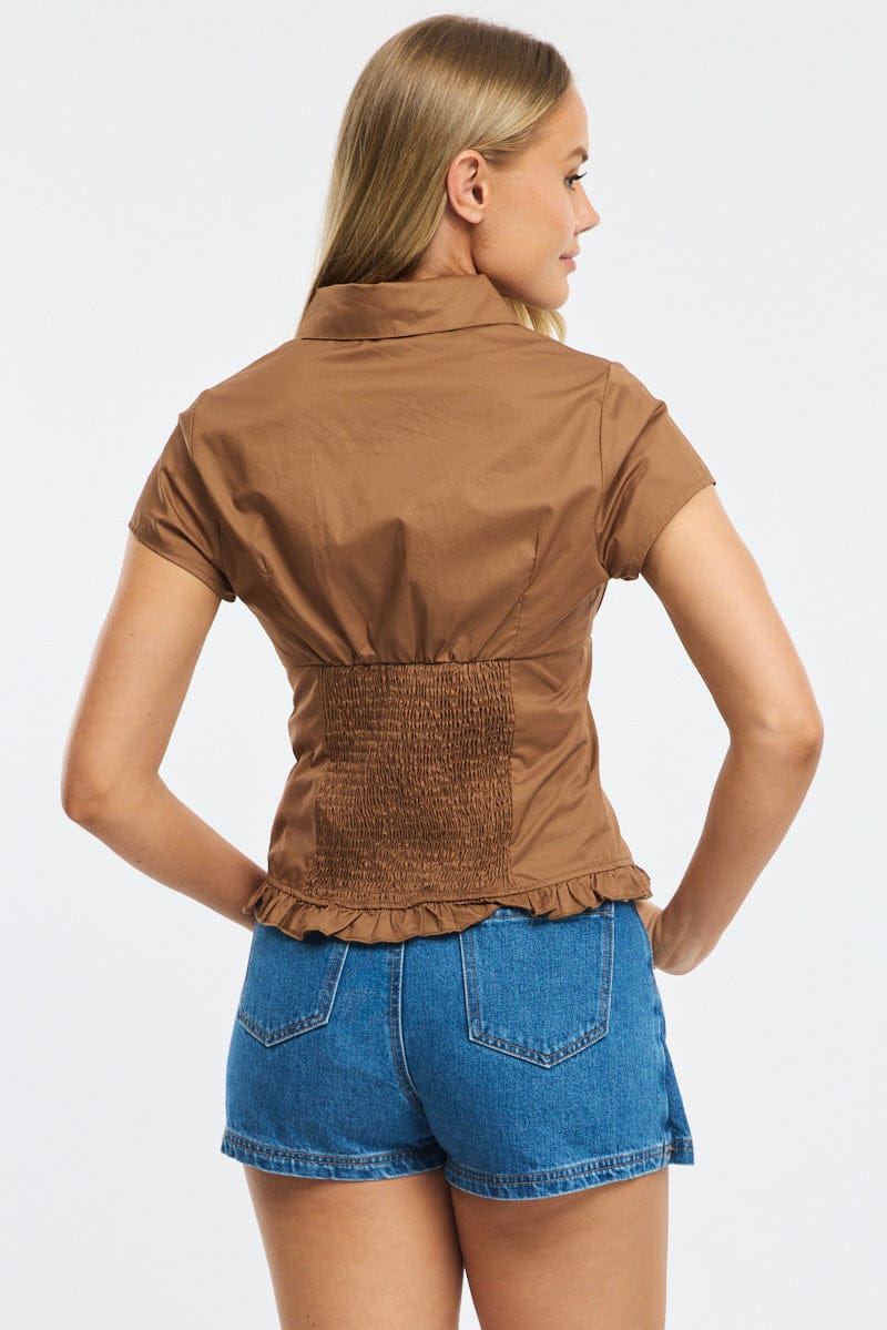 Brown Button Up Shirt Short Sleeve Collared Ruffled Hem for Ally Fashion