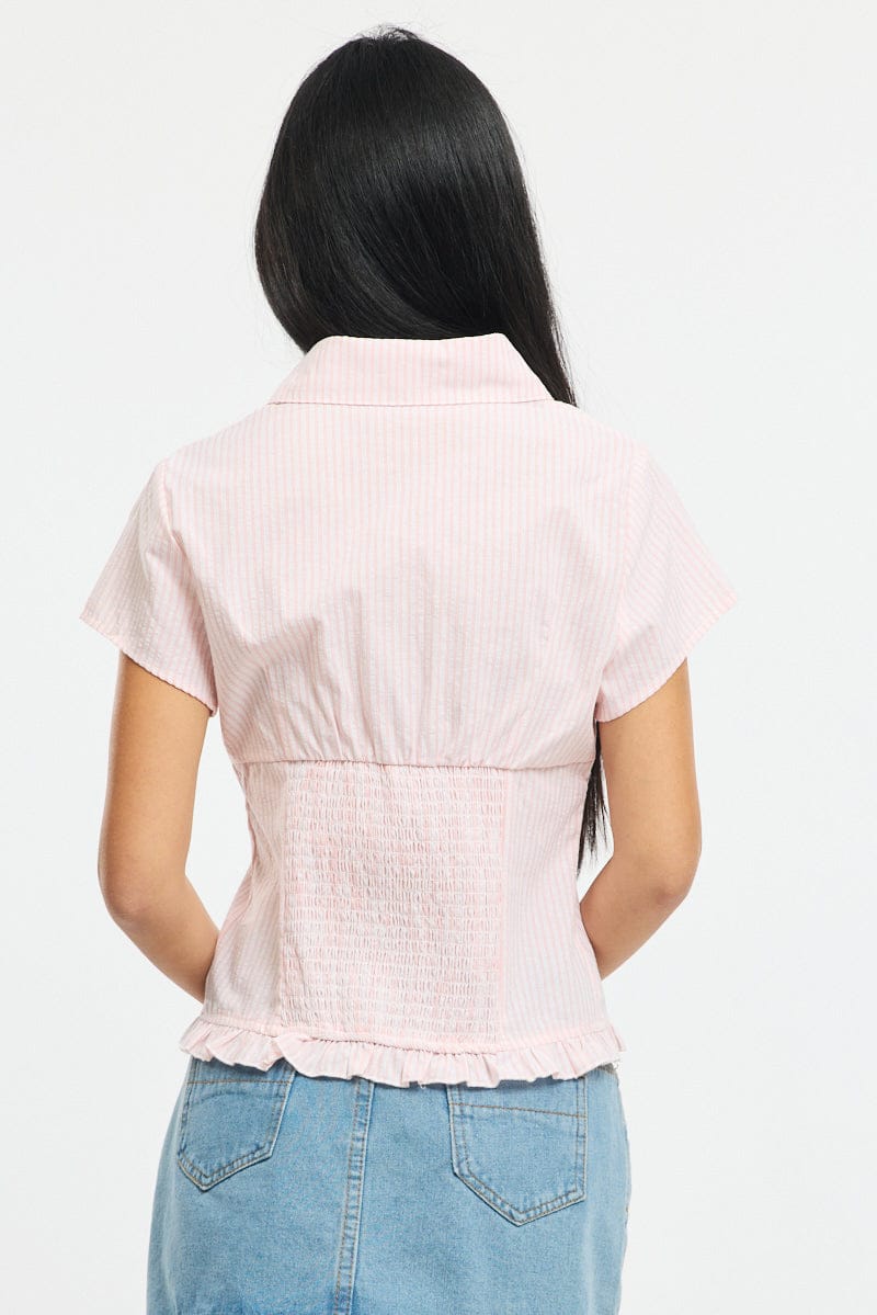 Pink Stripe Button Up Shirt Short Sleeve Collared Ruffled Hem for Ally Fashion
