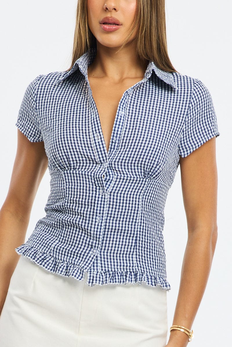 Blue Check Button Up Shirt Short Sleeve Collared Ruffled Hem for Ally Fashion