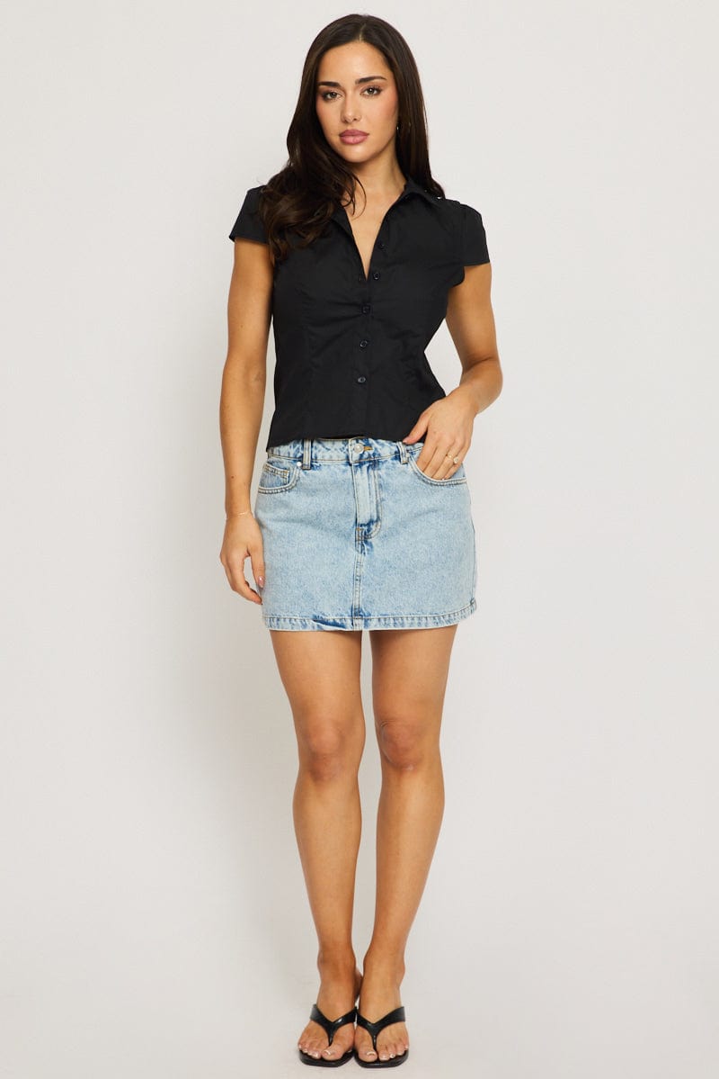 Black Short Sleeve Shirt Collared Button Up Lined for Ally Fashion